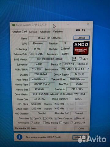 Видеокарта Asus rx570 4gb