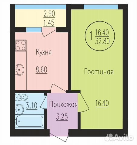 1-к квартира, 32.8 м², 2/12 эт.