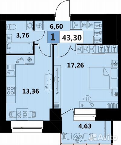 1-к квартира, 43 м², 2/4 эт.