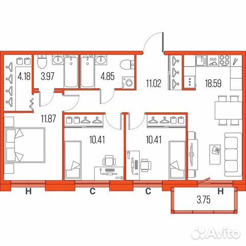 3-к квартира, 75.3 м², 18/22 эт.