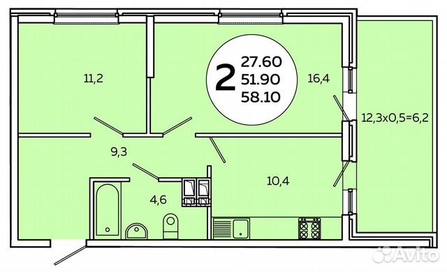 2-к квартира, 58.1 м², 16/19 эт.