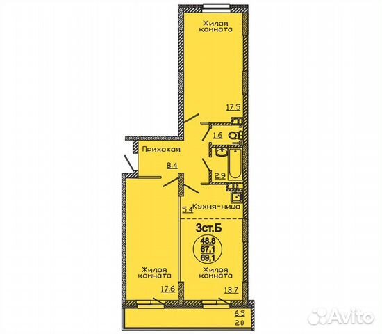 3-к квартира, 63.7 м², 22/23 эт. 3-к квартира, 63.7 м², 22/23 эт.