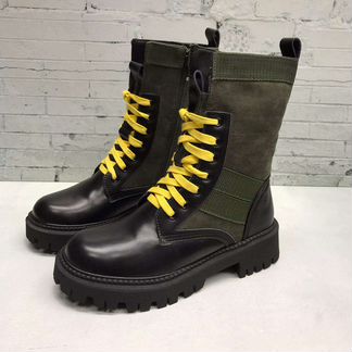 Ботинки зимние черные зеленые шнурки желтые