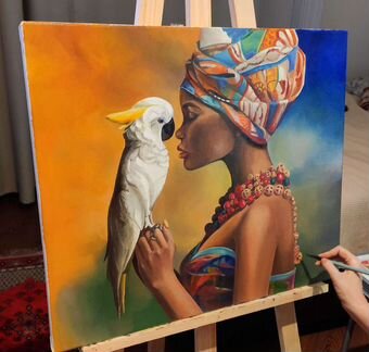 Картина девушка с попугаем на холсте маслом 65х50