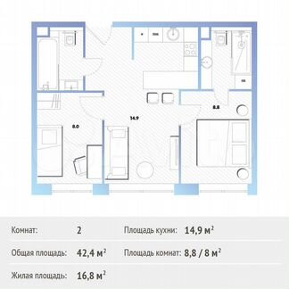 2-к квартира, 42.4 м², 2/30 эт.