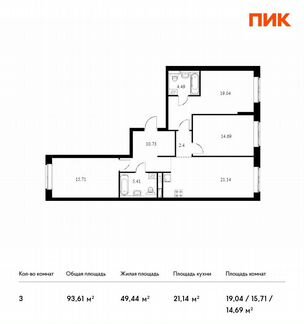 3-к квартира, 93.6 м², 5/14 эт.