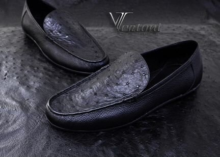 Мокасины мужские из кожи страуса и теленка черный