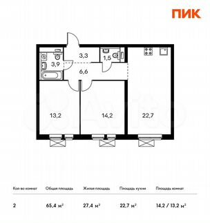 2-к квартира, 65.4 м², 2/33 эт.